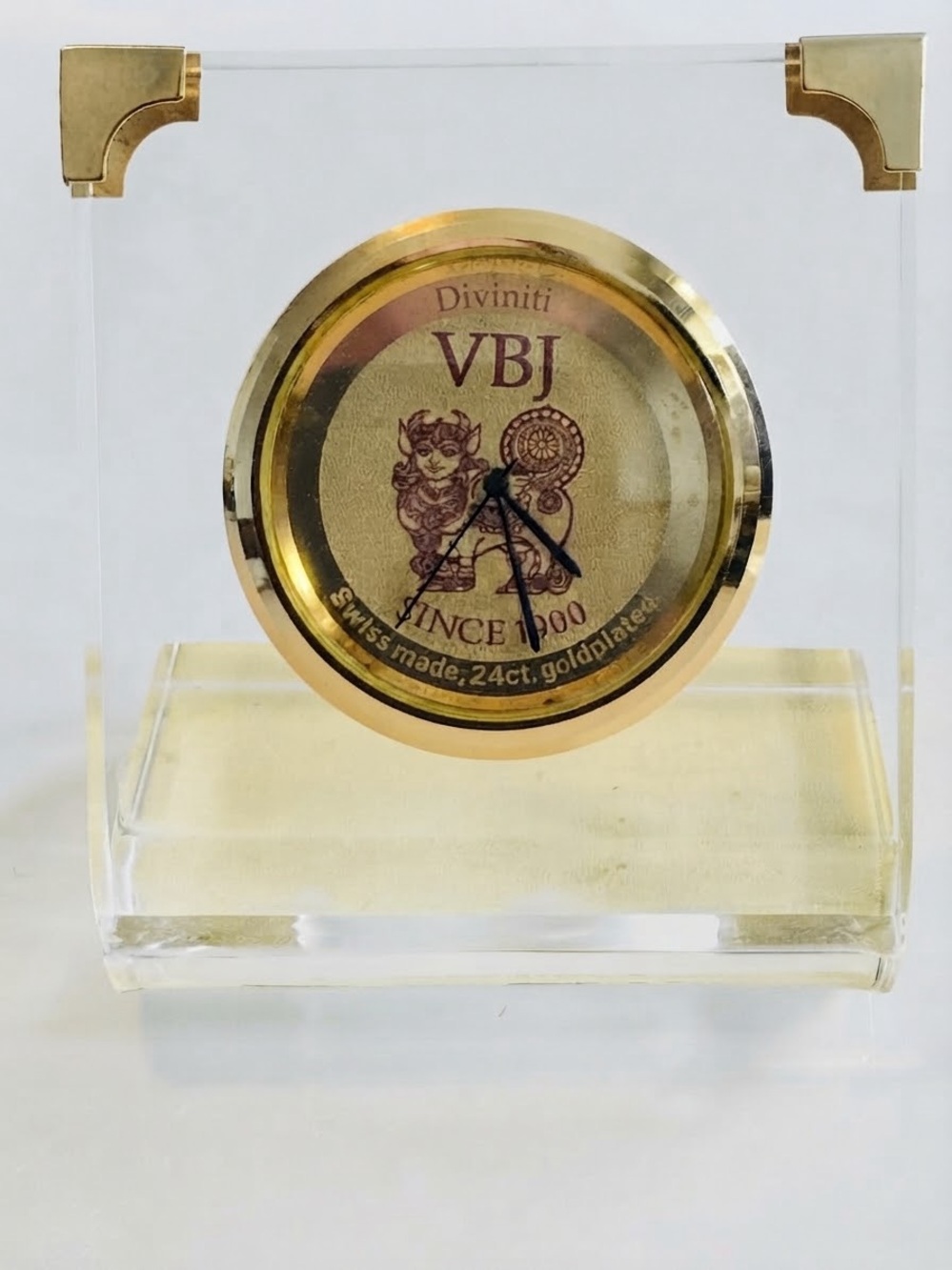 VBJ Swiss Made 24ct Gold Plated Acrylic Desk Clock Vintage Table Clock